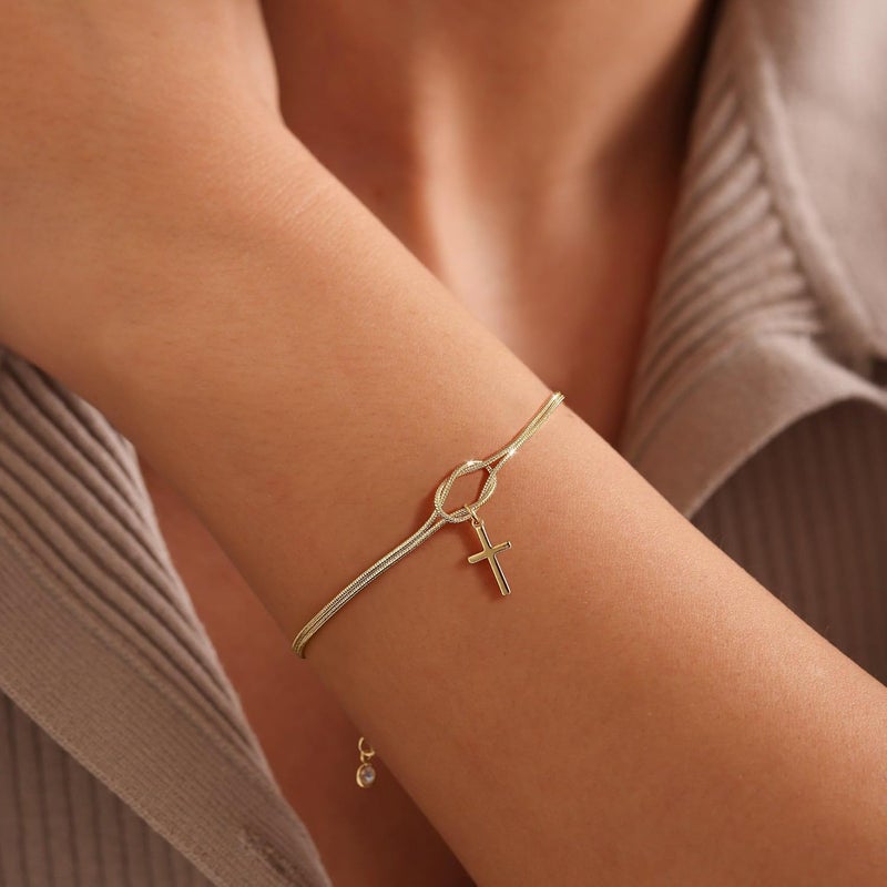 Moodear Valentines Day Gifts for Her, Dainty 925 Sterling Silver/14k Gold Plated CZ Cross Bracelet Layered Snake Pearl Chain Knot Bracelets for Women Trendy Religious Christian Jewelry - Image 2